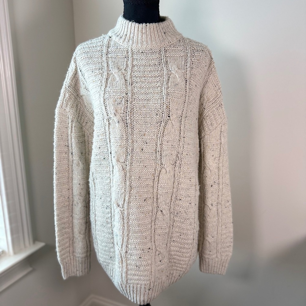 Garage Cream Oatmeal Cable Knit Oversized Mock Neck Sweater M/L Flecked Chunky